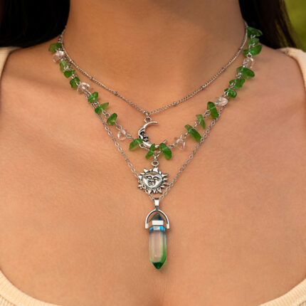 New Floral Leaves Sun and Moon Tassel Ethnic Style Collarbone Chain Colorful Crushed Stone Beads Stacked Women's Necklace