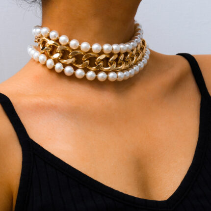 3pcs/Set Simulated Pearl Beaded Necklace for Women Elegant Queen Gold Color Curb Chunky Chain Necklace for Wedding Jewelry