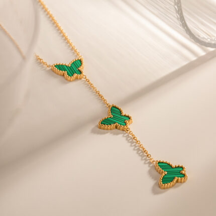 Hot Selling 18K Gold Plated Stainless Steel Pendant Necklace INS Butterfly Y-shaped Elegant Malachite Necklace for Women