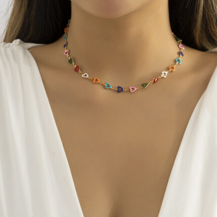 Simple Fashion Colorful Dripping Short Necklace Summer KPOP Sweet Love Heart Chain Fashion Aesthetic Ladies Clavicle Chain