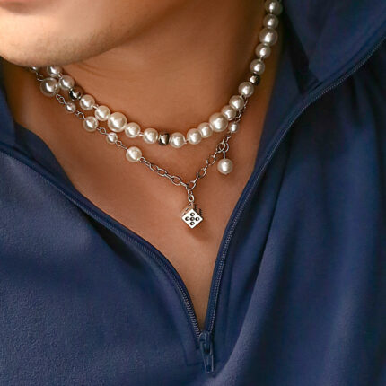 New Punk Geometric square Men's Pendant Pearl Bead Necklace Boy Party Jewelry Necklace Accessories