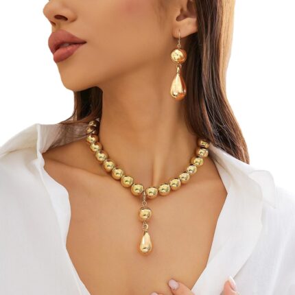 New 18K Gold-plated Exaggerated Round Beads Charm Necklace Versatile Beaded Choker Metal Feeling Water Drop Collar Jewelry