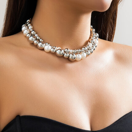 Exaggerated Silver CCB Large Ball Bead Chain Necklace Retro Large Round Beads Collarbone Chain Punk Couple Je
