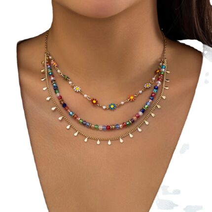 Multilayer Colorful Tiny Flower Tassel Chain Necklace for Women Fashion Bead Choker Necklace Aesthetic  Jewelry