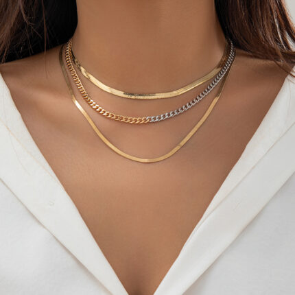 Fashion Gold Flat Snake Chain Figaro Cuban Triple Layers Women's Necklace Diamonds Layers Heart Necklace