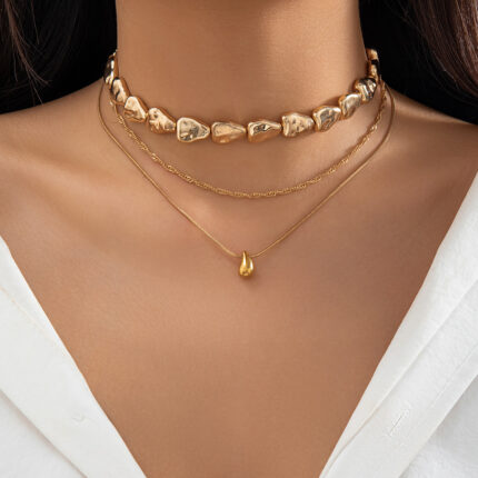 New Simple Flat Round Water Drop Pendant Necklace Beaded Choker Personalized Metal Necklace