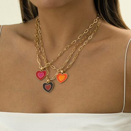 Fashion Drip Oil Peach Heart Multi-element Necklace Retro Ethnic Style Metal Geometric Alloy Necklace Jewelry