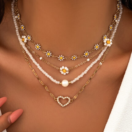 4Pcs Vintage Sunflower Flower Clavicle Chain Necklace Women Kpop Rhinestone Love Heart Pendant Choker Aesthetic Y2K Jewelry