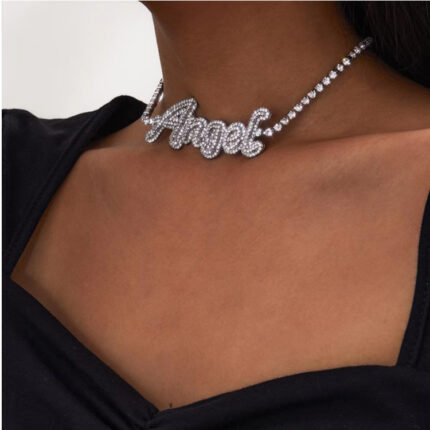 Fashion Custom Baby Angel Letter Pendant Tennis Necklace Shiny Crystal Diamond Tennis Pendant Necklace