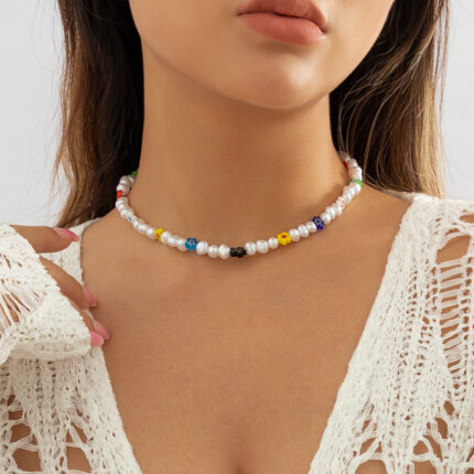 Bohemian Ethnic Beaded Pearl Choker Glass Flower Necklace