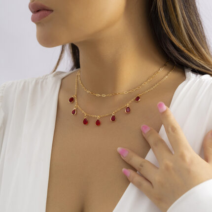 Water Drop Ruby Pendant Necklace Women Wedding Bridal Choker