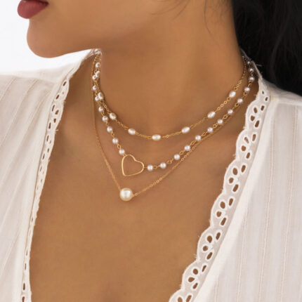 Geometric Beads Chain Twin Necklace Niche Pearl Hollowed Out Love Necklace