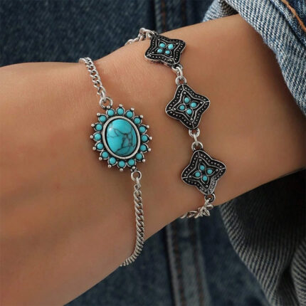 New Ethnic Geometric Pattern Bohemian Style Silver-plated Unisex Turquoise Tennis Bracelet