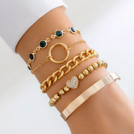 New Punk 5pcs Cuban Chain Rhinestone Heart Bracelet Ladies Vintage Pulseras Bracelet Handmade Jewelry