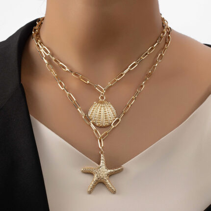 New Design Custom Two Layer Stainless Steel Pendant Necklace with Vintage Shell Pearl Accent Necklace Jewelry